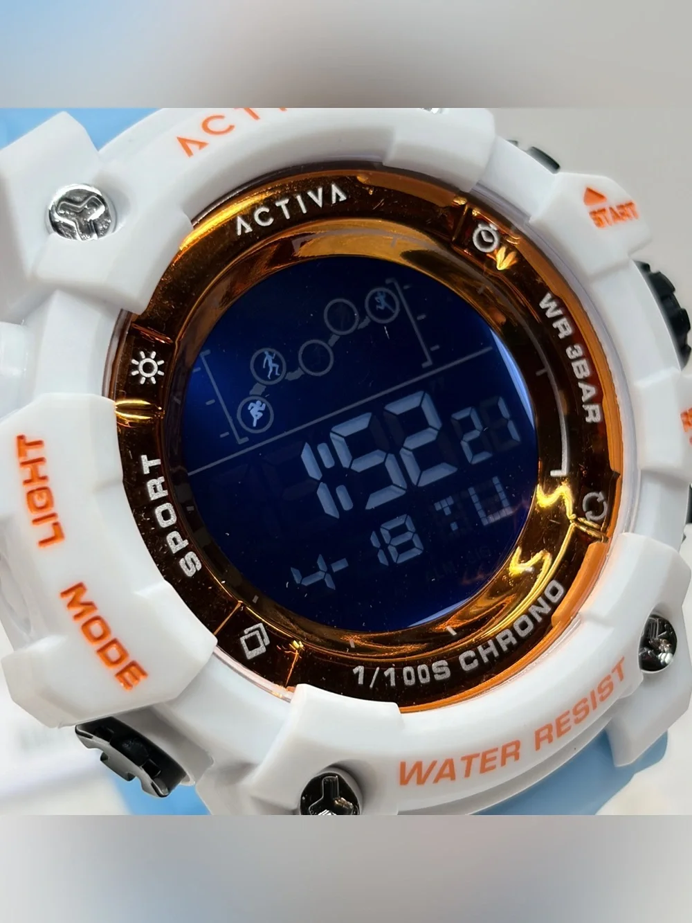 Activa X Invicta 50mm White & Light Blue Digital Sport Watch with Orange Accents